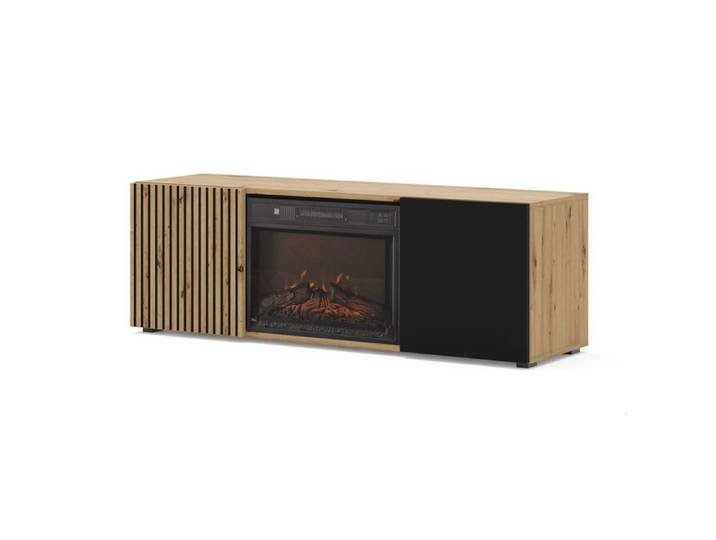 Meuble TV Auris 150 cm avec cheminée en chêne artisan et mat noir
