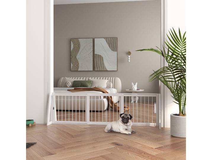 PawHut Barrière Chien Rétractable Bois Blanc 71-190 cm