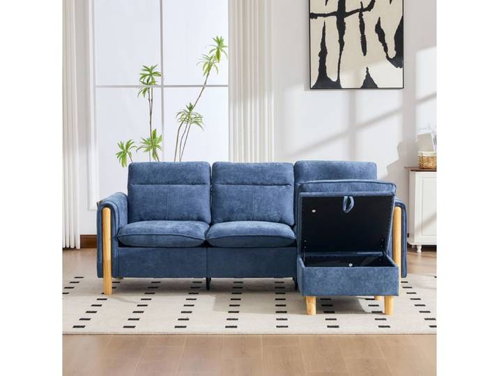 Canape Angle 3 Places Chenille Bleue Canape Modulable FloraGrace Pour Petit Salon Pouf Coffre Reversible 201x77x86cm