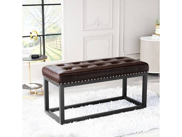 Banc Capitonné 92x46x55cm Marron Assise Similicuir Structure Métal Style Vintage Industriel Pour Votre Intérieur