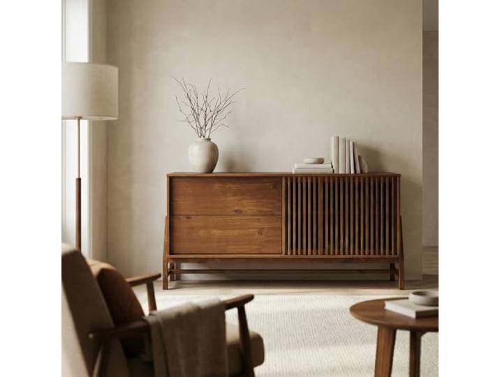 IDIMEX Sideboard Adamo 145 cm aus Massivholz, Kastanie Finish - Kommode mit markanter Lamellenschiebetür, Wohnzimmer Möbel mit 2 Schubladen, Anrichte mit verstellbarem Einlegeboden