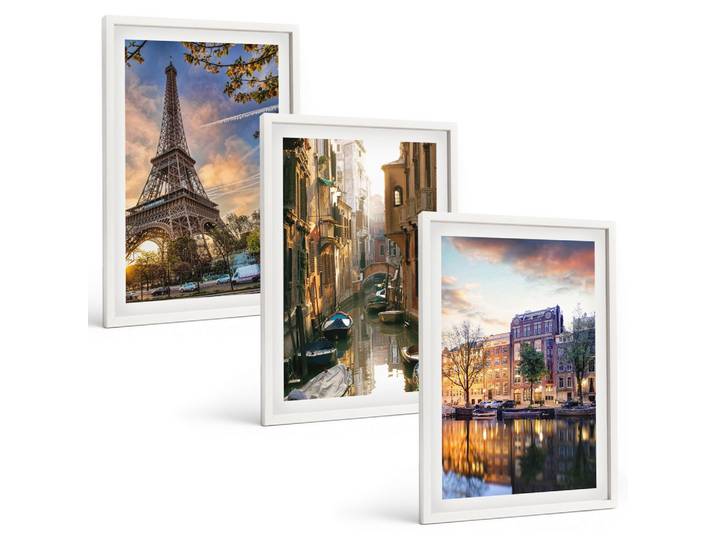 BILDER SET 3er Set - 40x60 cm Weißer Rahmen - Eiffelturm Venedig Amsterdamer Kanäle