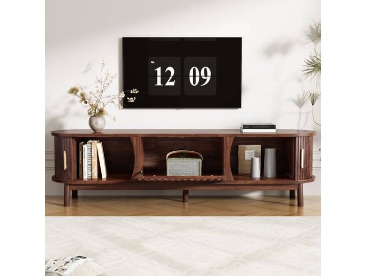 Meuble TV brun - Dimensions 165x39 5x46 cm - Porte coulissante et porte rabattable - 3 espaces de rangement