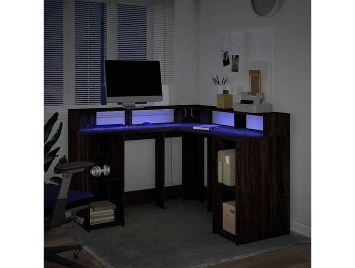 Bureau à LED élégant - ECOHOME - bois d'ingénierie - chêne marron - 130 x 130 x 91 cm - 4 compartiments - 20 étagères@331860