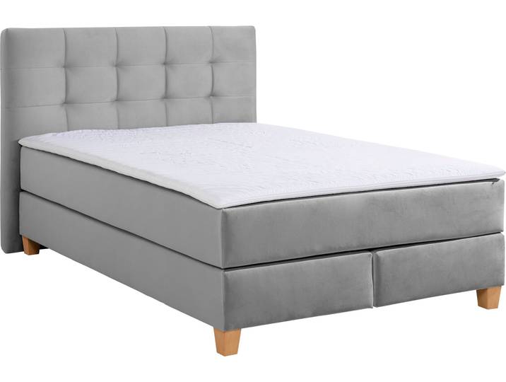 Boxspringbett, Samtstoff, Grau, 154×231 cm, Inkl. Topper, 7-Zonen-Kaltschaummatratze, Modern, Home Affaire