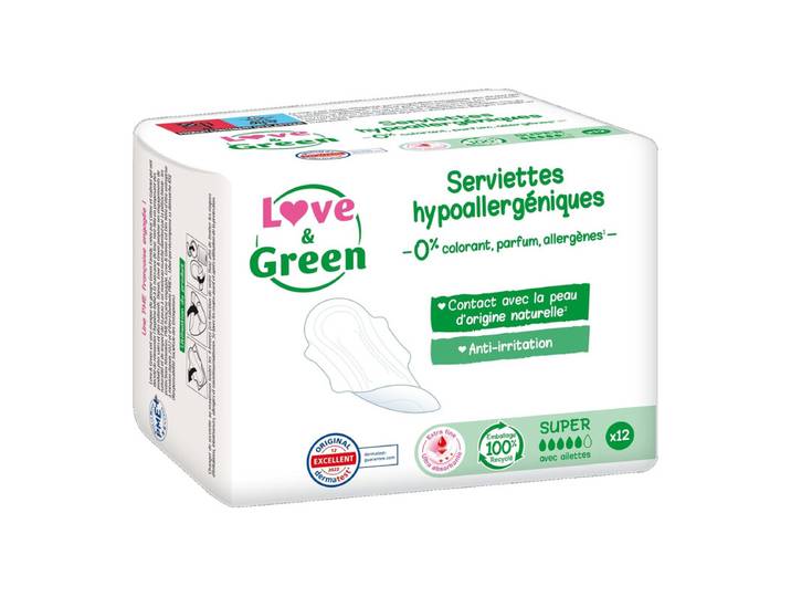 LOVE &amp; GREEN Serviettes Hygiéniques Hypoallergéniques avec Ailettes Super - 12 serviettes