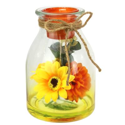 Teelichthalter I.GE.A. "Teelichthalter aus Glas mit Teelichtkerze", orange, B:12cm H:18cm, Glas, Kerzenhalter, Teelichthalter, Herbstlich dekoriert mit Sonnenblume Dahlie Eukalyptus Kerze Windlicht