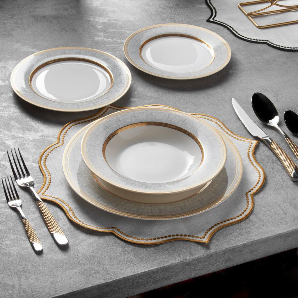 Mercer41 Fairfax 24 Piece Dinnerware Set, Service for 6 Gold And White 24