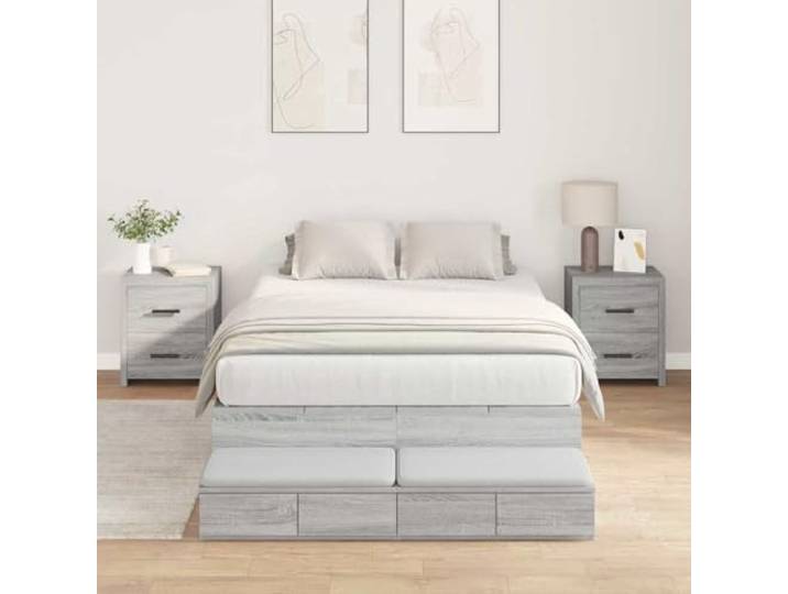 Storage Bed Frame Sonoma-Gray 120 cm Wood Kiefernholz, Türen und Schubladen, Ledergriffe, ohne Boxspring, feucht abwischbar