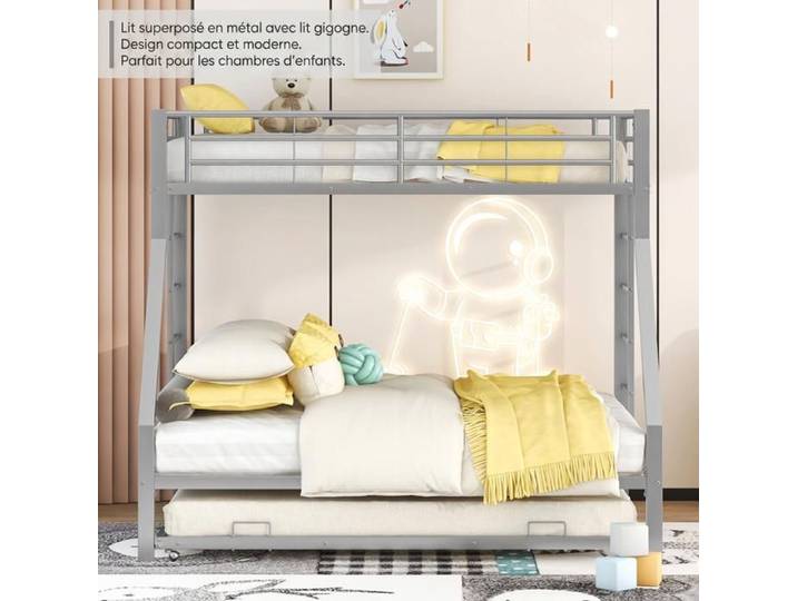 Lit superposé métal 90x200 et 140x200 cm avec lit gigogne enfant finition argentée – Norevia