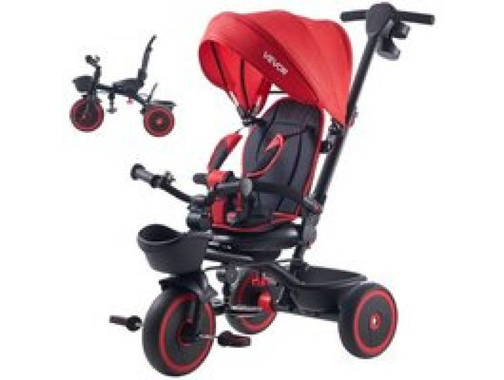 VEVOR Dreirad für Kinder von 1 bis 5 Jahren, Laufrad mit Schubstange, Klappbarem Verdeck, Verstellbarem Sitz und Aufbewahrungskorb, Kinderdreirad als Geschenk für Jungen und Mädchen, Rot+Schwarz