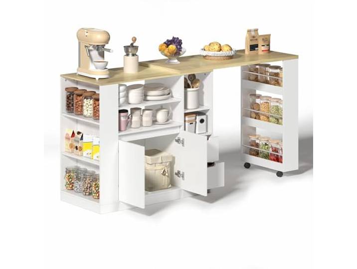 HOSAUNA Kücheninsel, rollbarer Küchenwagen mit drehbarer & ausziehbarer Arbeitsplatte, 2 Schubladen und offenen Seitenregalen aus E0‑MDF, Weiß‑Natur für Küche und Esszimmer