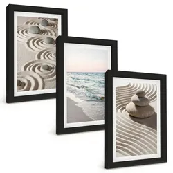 BILDER SET 3er Set - 20x30 cm Schwarzer Rahmen - Wellen, Sand, Wasser, Steine, Strand
