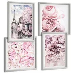BILDER SET 4er Set - 50x50 cm & 40x60 cm Silberner Rahmen - Rosa Blumen, romantische Landschaft