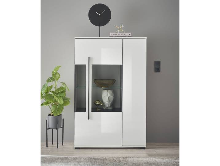 Vitrine HOME AFFAIRE Cantara, Vitrinenschrank in Eiche Evoke, Weiss o Kaschmir, Standvitrine , weiss (weiß, weiß hochglanz), B:90cm H:140cm T:37cm, Holzwerkstoff, Schränke, Vitrine, schwarzer Stangengriff, ausreichend Stauraum, vielseitig einsetzbar