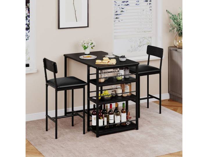 Ensemble table haute et chaises - GARVEE - Avec sièges rembourrés et étagère 3 niveaux – Noir