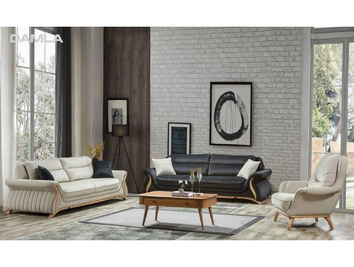 JVmoebel Polstergarnitur Elegantes Polstersofa mit Holzverzierung in Schwarz-Weiß, (3-tlg., 3+3+1 Sitzer), Made in Europa