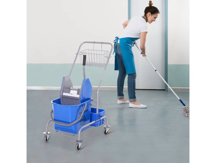 HOMCOM Chariot Nettoyage 25L Plastique Bleu 4 Roues