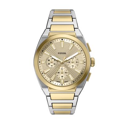 Chronograph FOSSIL "Everett", gold (edelstahlfarben, gelbgoldfarben, gelbgoldfarben), Armbanduhren, Herren, edelstahlfarben-gelbgoldfarben, Chronograph, Quarzuhr, Armbanduhr, Edelstahlarmband, analog, Stoppfunktion