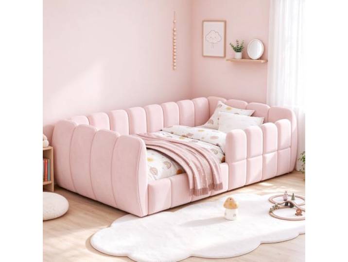 Guishanlihua Gepolstertes Kinder-Bodenbett 90 x 200 cm, Samtbezug, komplett geschlossenes Design, abgerundete Ecken, geeignet für Kinder-, Kleinkind- und Jugendzimmer, Rosa(Ohne Matratze)