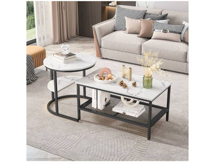 Table basse – Lot de 2 – Modulable emboîtable – Effet marbre – Cadre métal noir – Salon