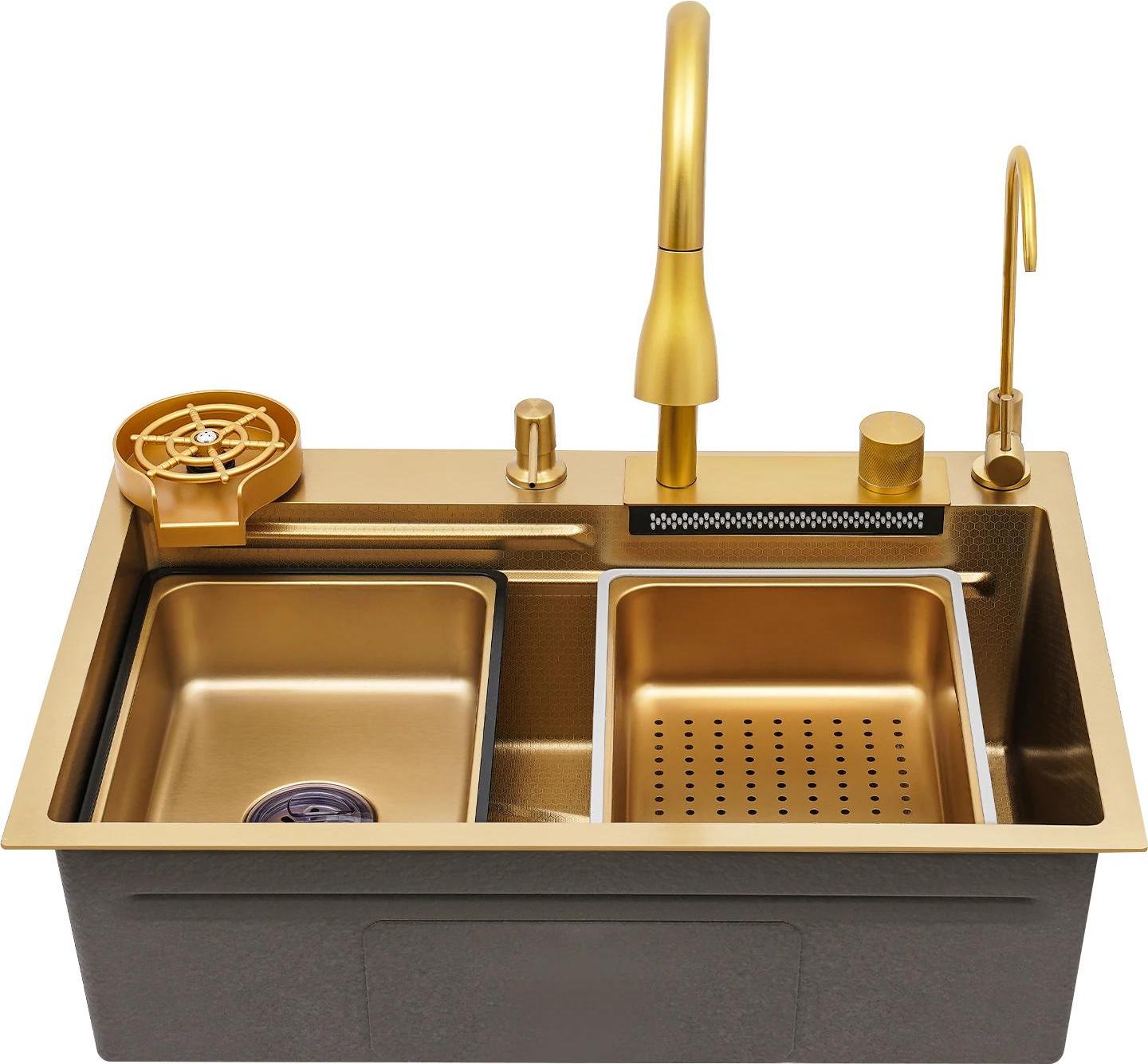 Küchenspüle - Einzelbecken - 68×46×22 cm - Edelstahl 201 - Auszieharmatur - Schalldämmung - Rostbeständig - Gold