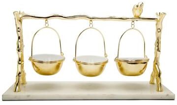 Classic Touch 3 Hanging Bowls on Gold Branch and Marble Base