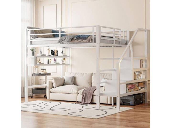 Lit mezzanine 140*200cm lit double avec échelle de rangement et mezzanine lit enfant avec barrière de sécurité lit cadre fer blanc