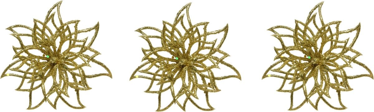 Decoris Decoratie bloem met glitter en clip - 4 stuks - goud - 14 cm