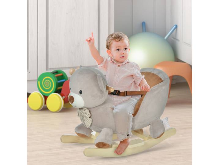 HOMCOM Cheval à Bascule Ourson avec Ceinture et Son Gris Marron