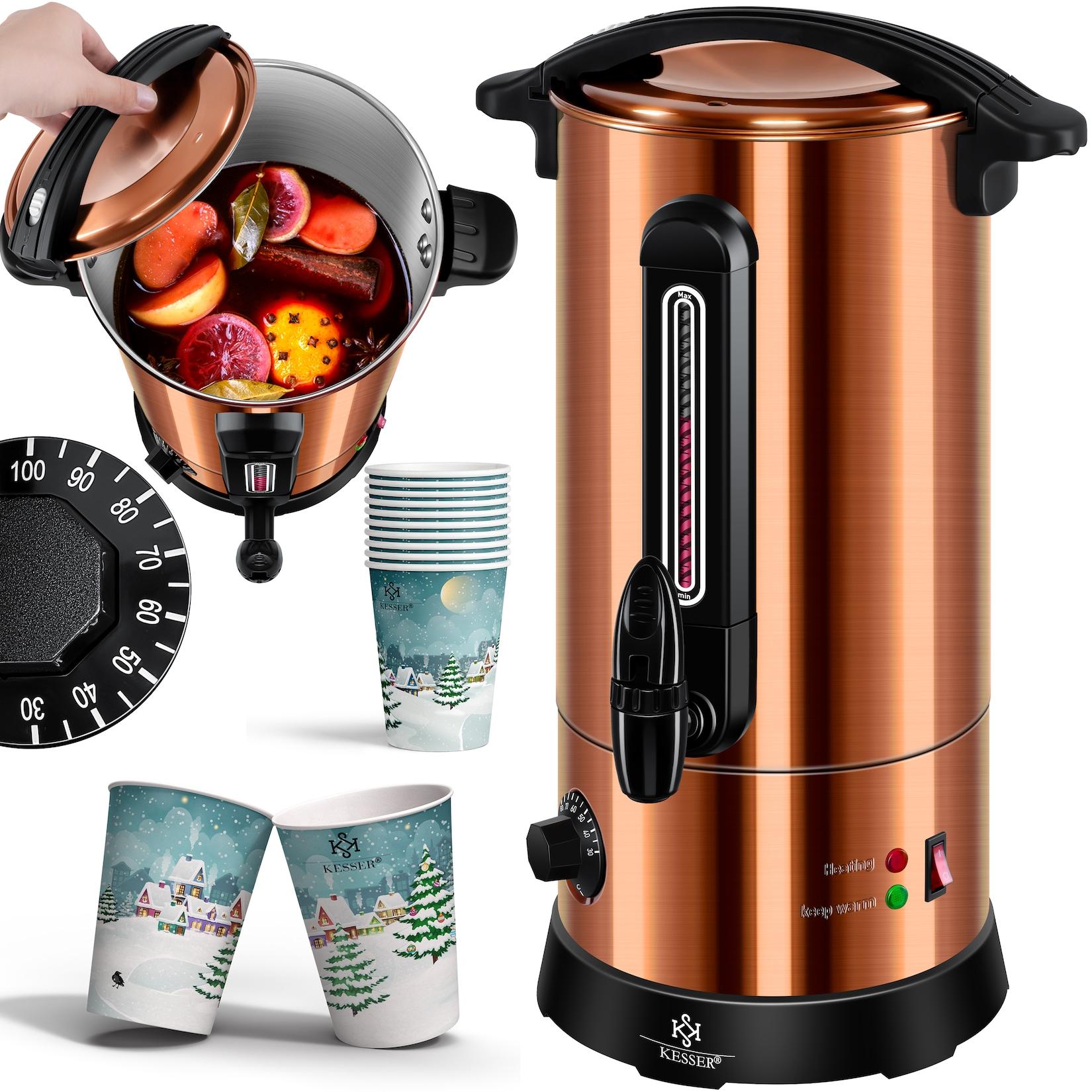 KESSER® Glühweinkessel 10L Edelstahl Inkl. 10x Becher Glühweinkocher mit Thermostat Glühweinautomat Heißgetränkeautomat Wasserkocher Heißwasserspender Einkochautomat Füllstandanzeige Zapfhahn