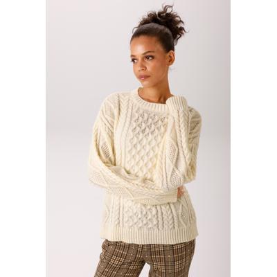 Strickpullover ANISTON CASUAL, Damen, Gr. 38, beige (wollweiß), Grobstrick, Obermaterial: 100% Polyester, Zopfmuster, gemustert, unifarben, oversize hüftlang, Rundhals, Rippstrickbündchen, Pullover Strickpullover, im attraktiven Muster-Mix - NEUE...