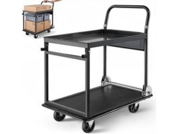 VEVOR Chariot 2 Plateaux Pliable Capacité de Charge 317,51 kg Chariot à Plateforme Pliable pour Manutention Entrepôt, Garage, Atelier, Bureau, Acier Allié, avec Roues Pivotantes et Fixes, 73x47x82 cm