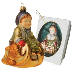 Krebs Glas Lauscha Multicolor 12cm Junge auf Schlitten, Glasornament, mundgeblasen und handdekoriert mit Glitter