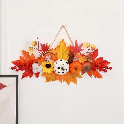 Inspired Finds Harvest Glow Maple Leaf Pumpkin Berry Wall Hanging Pendant For Autumn Decor variant 5: A More Neutral Version With Orange Pumpkins And Cotton, With Less Berry Presence.