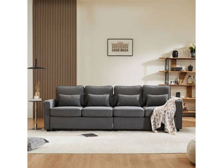 Canapé droit 4 places avec poches accoudoirs et 4 coussins pour le salon l'appartement le bureau Tissu de lin Gris foncé