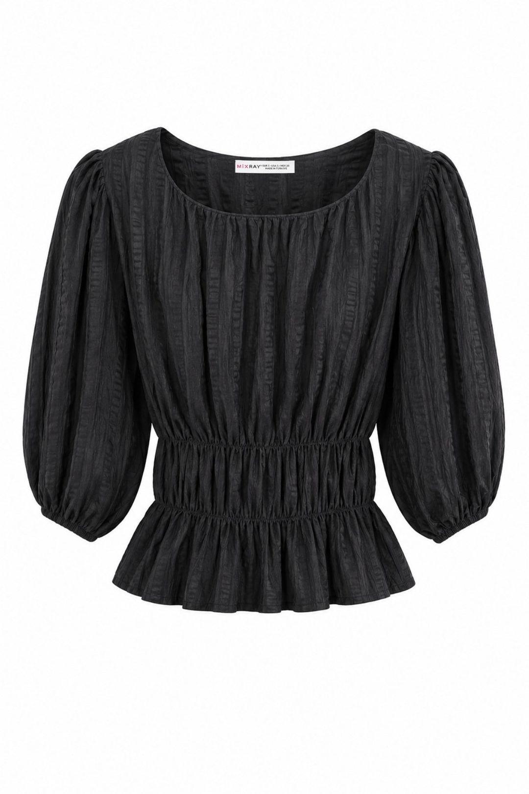 Strukturierte U-Ausschnitt Dreiviertelarm Peplum-Bluse