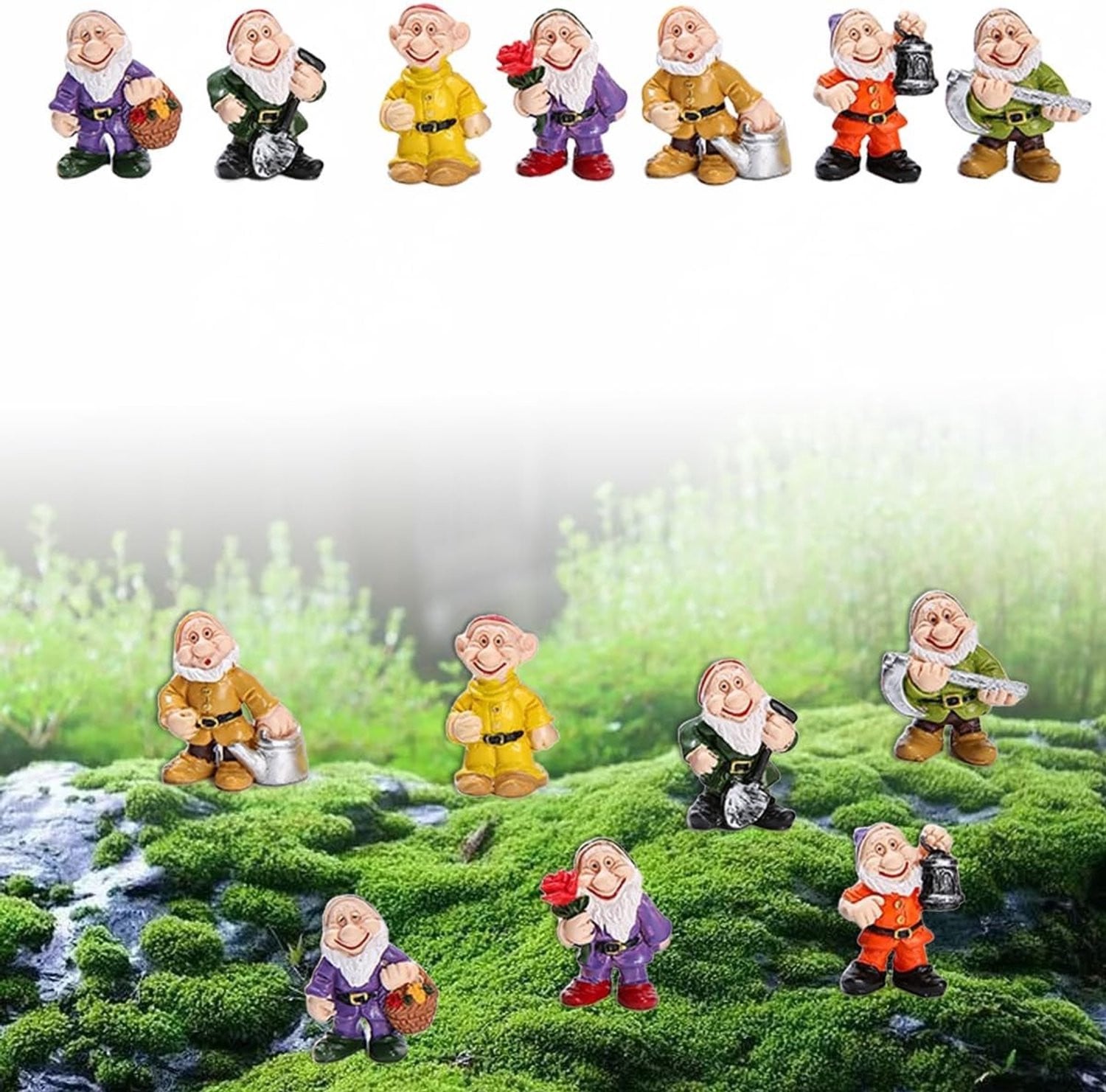 Set van 7 grappige tuinkabouters van hars voor buiten als tuinaccessoires en decoratie