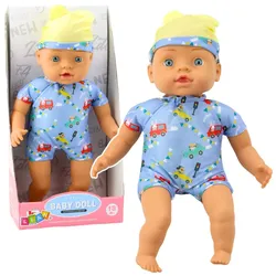 Babypuppe Blaue Kleidung mit Mustern Mütze mit Ohren 31cm