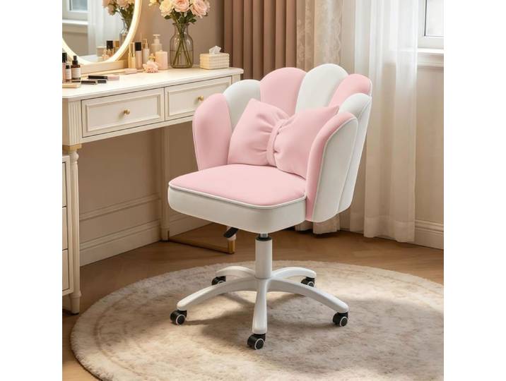 Chaise de bureau velours design pétale avec coussin noeud papillon à roulettes pour chambre dossier ergonomique rose‑blanc