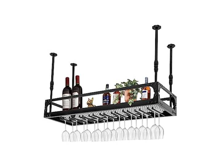 Shalmidor Deckenregal 100x35cm, Weinregal mit Glashalter, Schwebendes Hängeregal Höhenverstellbar, Weinflaschenhalter, Industrieller Hängender, Schwarzes Metall-Deckenregal für Bar Restaurant