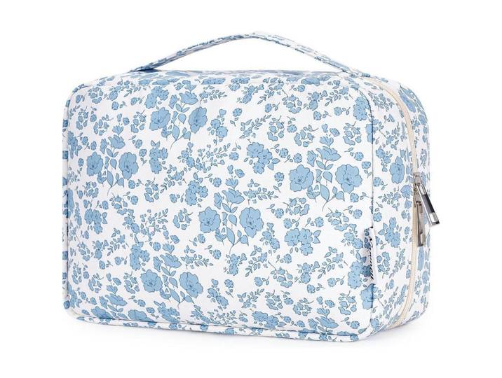 Kulturtasche mit Haken und mehreren Fächern, blau-weiß geblümt, Mehrfarbig, 5x1x5 cm, Badaccessoires, Kosmetikdosen