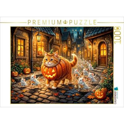 CALVENDO Puzzle Katze und Mäuse ziehen gemeinsam im Halloweenkostüm durch die Stadt | 1000 Teile Lege-Größe 64 × 48 cm Foto-Puzzle für glückliche