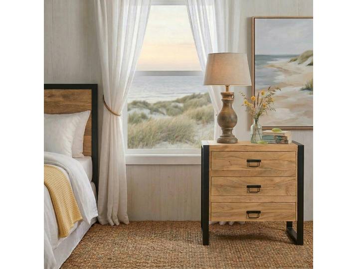 Petite commode 3 tiroirs bois clair et métal noir MILORA