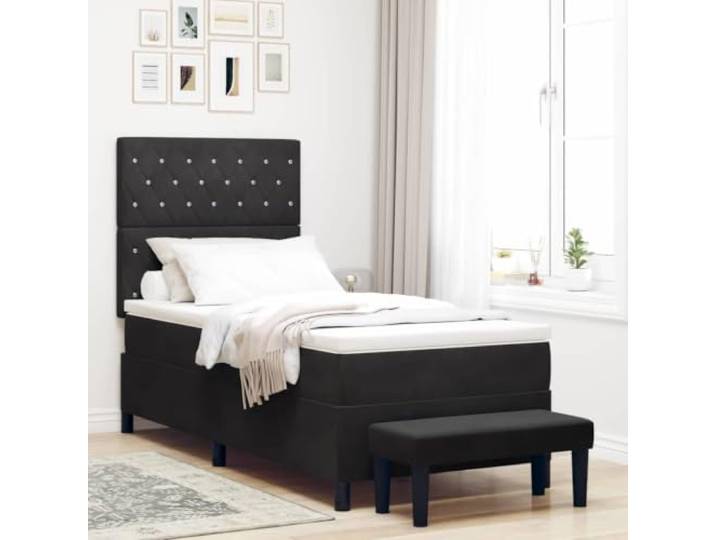 Boxspringbett mit Kopfteil aus schwarzem Samt, 200 x 90 cm Kopfteil aus Samt, Holzstruktur, mittelfeste Matratze, modernes Design, pflegeleicht