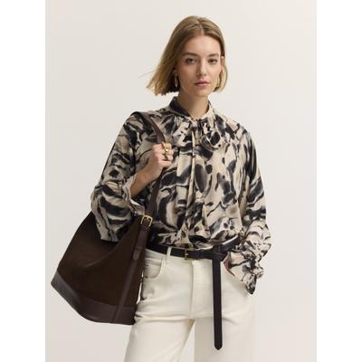 Langarmbluse BUGATTI "Modern Fit", Damen, Gr. 38, 60, taupe, 100% Viskose, gemustert, normal, Rundhals, Blusen, Modern Fit Viskose Grafikprint Schluppe
