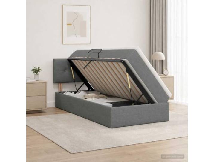 Bett mit Stauraum und Matratze, Dunkelgrau, 90 x 200 cm Hydraulisches Anheben, Mehrschichtholzrahmen, Metallgestell, Kopfteil Polyester, Lattenrost, Design