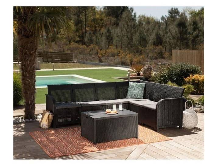 ALLIBERT par KETER : Ensemble de jardin d'angle Sanremo\, 6 places\, avec table de rangement\, couleur graphite foncé\, résistant aux UV\, avec coussins et coffre à coussins