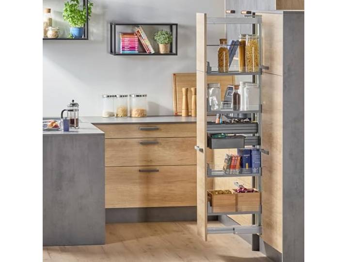 SOTECH Dispensa-X Apothekerauszug SILBERGRAU 400 mm Tragkraft 100 kg 1600-2000 mm SoftstopPlus Clickfixx und 5 ARENA Einhängetablare mit Glasreling für breite Schränke Kesseböhmer