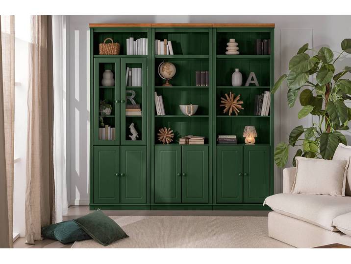 Bibliothèque massive F Pin massif verni Vert/Pin vert forêt/Pin couleur miel 222 x 223 x 37cm